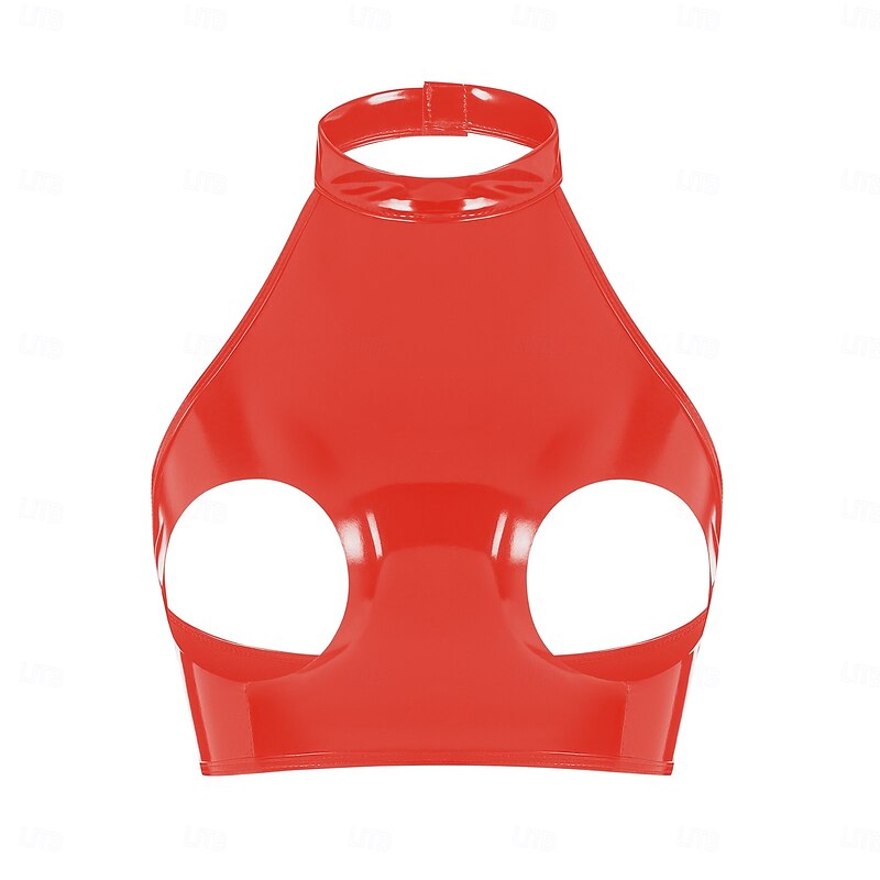 Cut-Out Faux Latex Halter Top Glossy Finish Women's Shinny Leather Fetish Wet Look Costume for Nightclub Pride Parade Pride Month Halloween Carnival Adults'4