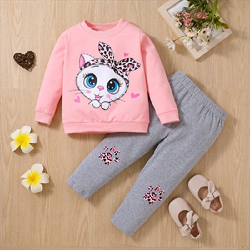 2 Pieces Kids Girls' Cat Crewneck Sweatshirt & Sweatpants Set Set Long Sleeve Fashion Outdoor 4 years+ Spring Deep Pink Pink Purple3