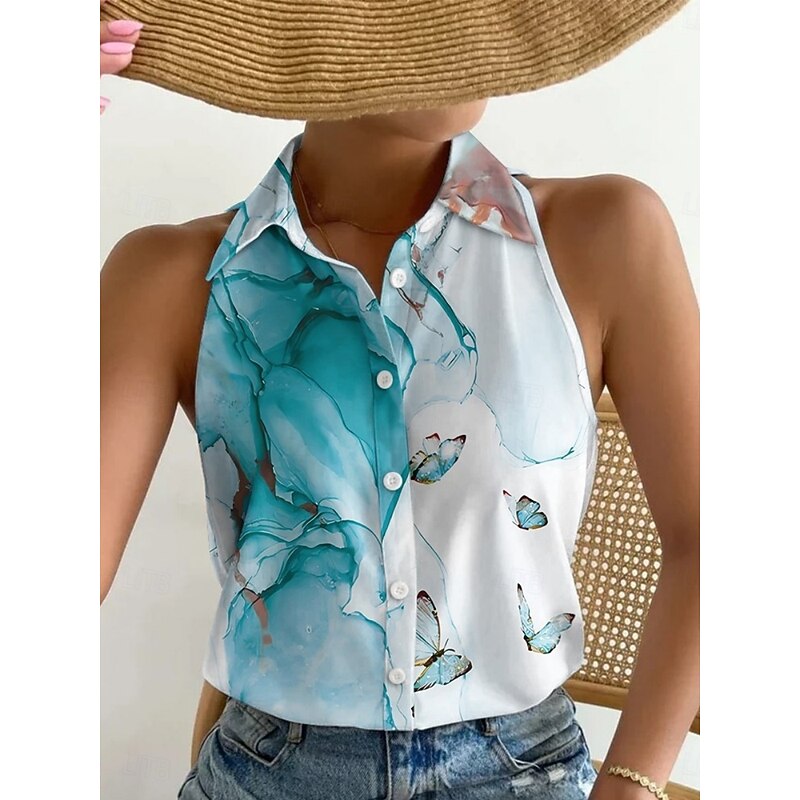 Women's Shirt Button Down Blouse Graphic Color Block Stylish Casual Sleeveless Shirt Button Down Blouse Collar Regular Tops Daily Buttons Print Black Navy Blue Blue Rainbow Summer4