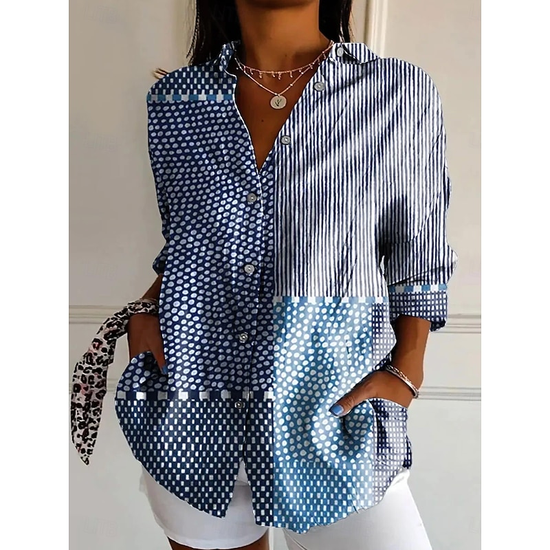 Women's Shirt Button Down Tunic Shirt Collar Long Sleeve Graphic Geometric Plaid Casual Regular Tops Work Daily s Print Blue Sky Blue Orange Brown Light Blue Spring Fall4