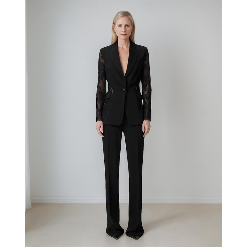 Women's 2 Pieces Suits Formal Wedding Guest Stretch Crepe Elegant Minimalist Lace Sleeve Floor Length Peak Lapel Single Breasted