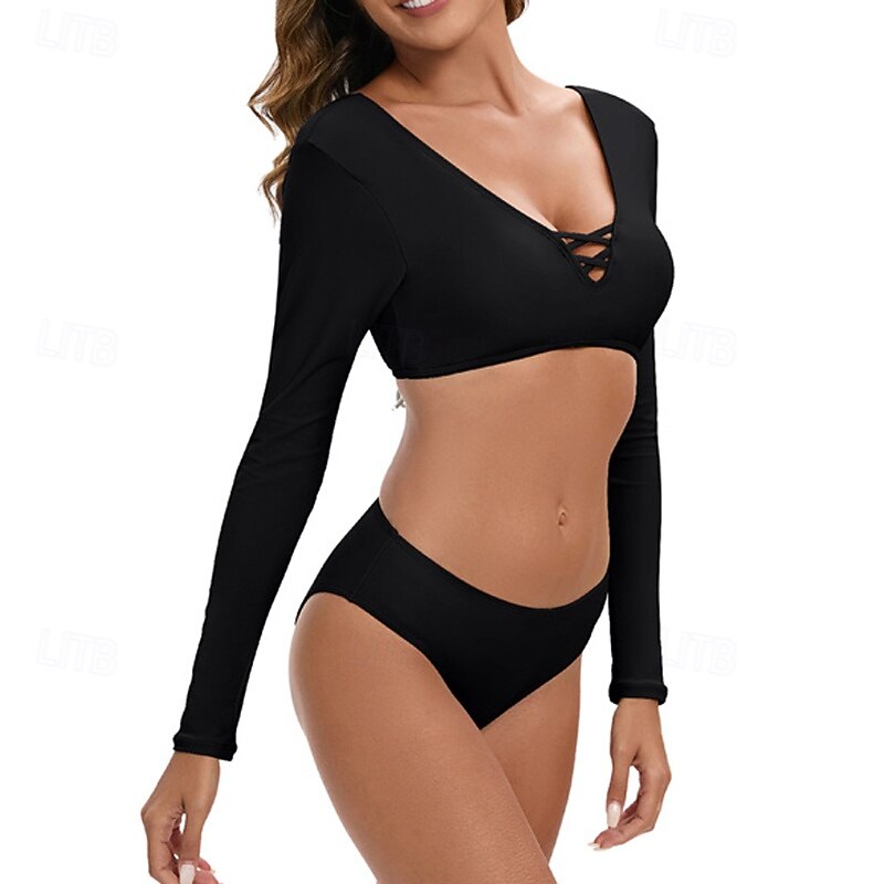 Women's Tankini Two Piece Swimsuit Open Back Swimwear Solid Colored Swimwear Black Breathable Quick Dry Long Sleeve - Swimming Surfing Snorkeling Summer3