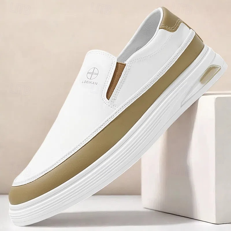 Men's White Slip-on Sneakers with Gold Accent and Minimalist Design - Sleek, Fashionable, Perfect for Casual Outings and Everyday Comfort
