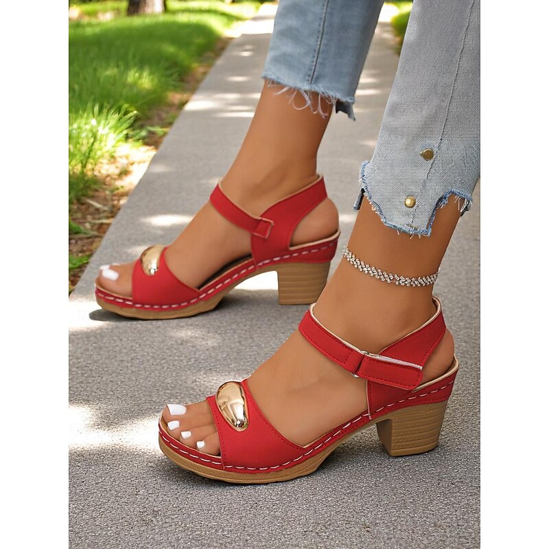 Women's Red Chunky Heel Sandals – Retro Open-Toe Design with Gold Accents for Summer Parties and Daily Commutes