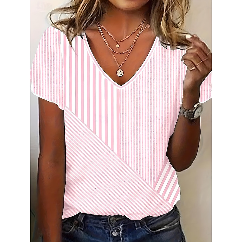 Women's T Shirt Striped Stylish Casual Short Sleeve V Neck Regular Tops Daily Print Pink Summer Spring
