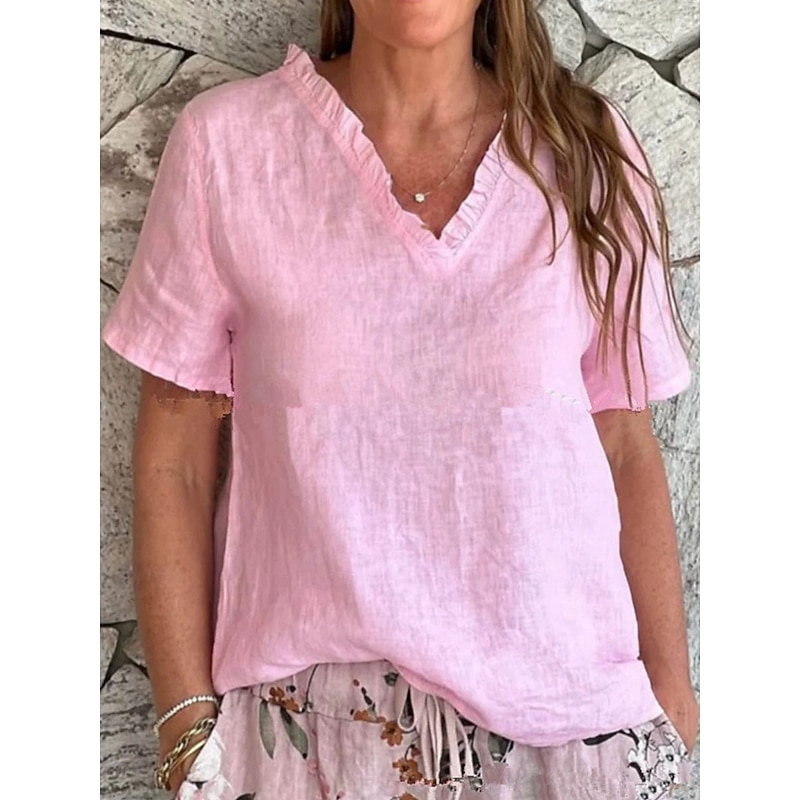 Women's Cotton Linen Blouse Solid Color Elegant Casual Short Sleeve V Neck Regular Tops Daily Holiday Ruffle Black White Yellow Pink Blue Summer Spring2