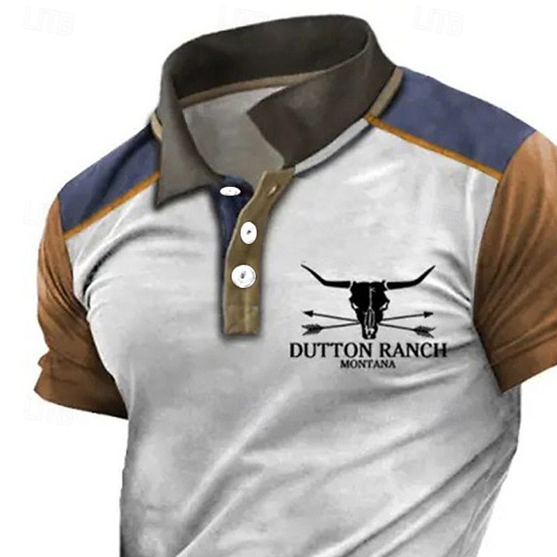 Men's Western Wear Polo Shirts Golf Shirt Short Sleeve Polo Shirts Collared Shirts Vintage Casual Vacation Wear Party Outfits 3D Print Buttons White Blue Khaki4