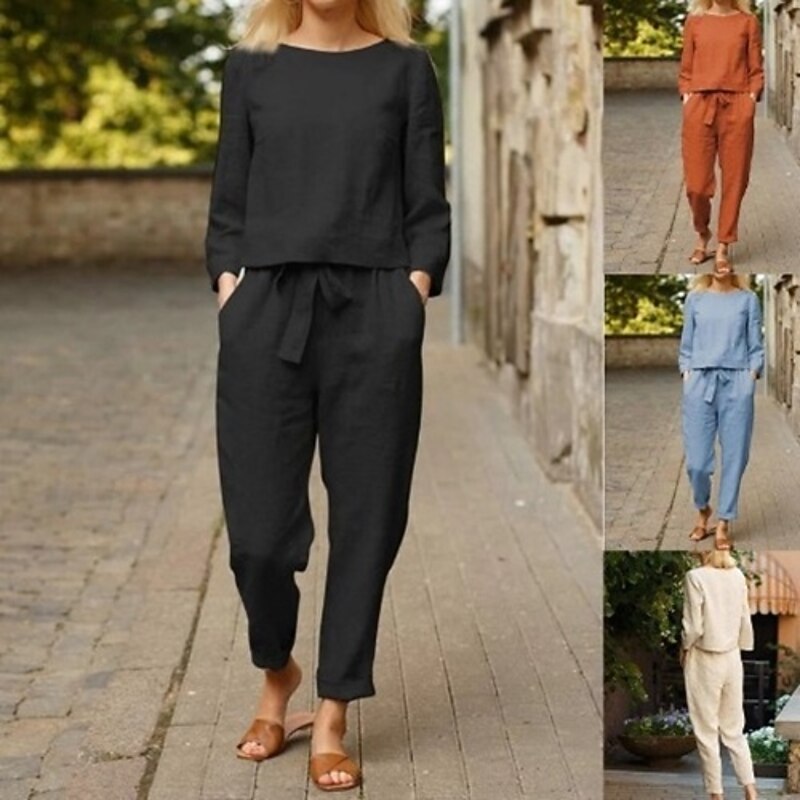 Women's Fashion Streetwear Cotton Linen Sets Two Piece Sets T Shirt Linen Pants Pants Trousers Long Sleeve Round Neck Plain Drawstring Daily Wear Date Black Sky Blue Orange Spring Regular Fit