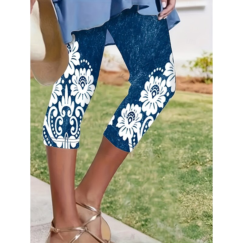Women's Leggings Capri Pants 3D Print High Elasticity Vacation Vintage Fashion Calf-Length High Waist Floral Graphic Printing Thermal Warm Breathable Soft Stretchy Formal Outdoor Vacation Navy-blue2