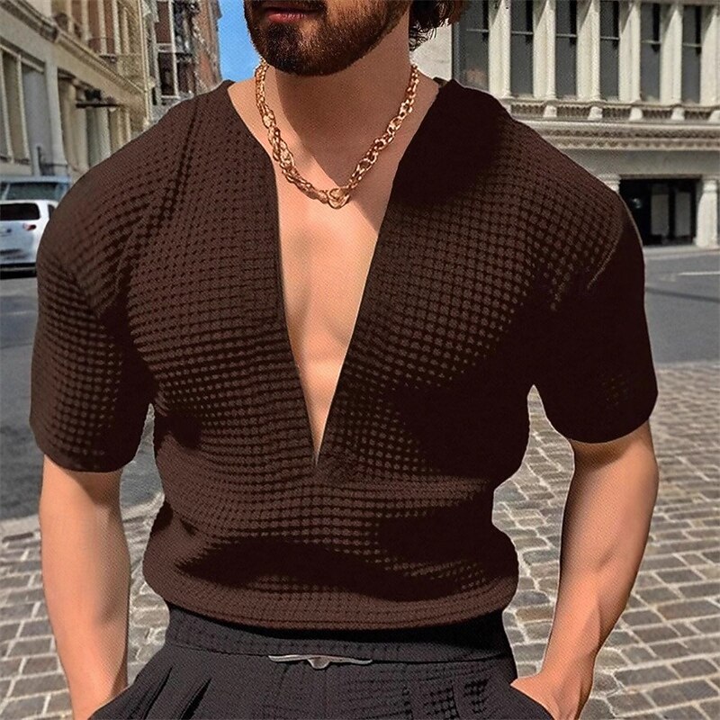 Men's Waffle Tee T Shirt Tee Short Sleeve Shirt Short Sleeve Deep V Summer Plain Fashion Designer Basic Jacquard Vacation Street Going out Black Red Navy Blue Top Tee for Men4