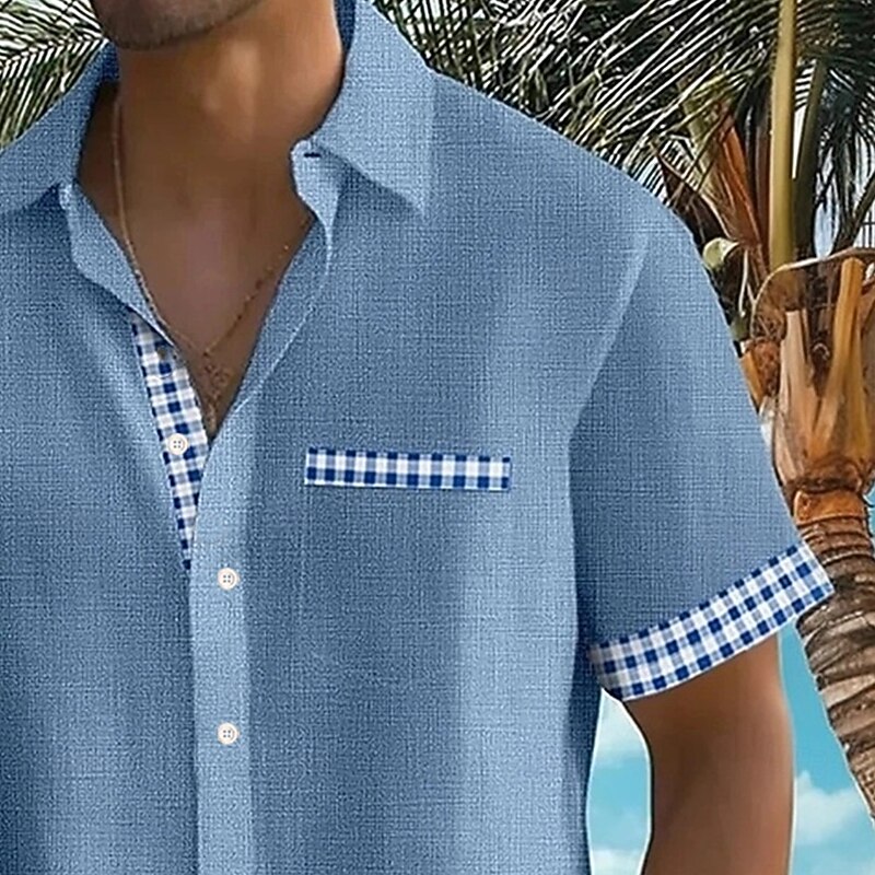 Men's Geometric Grid / Plaid Shirt Summer Shirt Button Up Shirt Short Sleeve Fashion Casual Vacation Holiday Streetwear Summer Turndown 3D Print Front One Pocket Linen Like Shirt Yellow Blue Green2