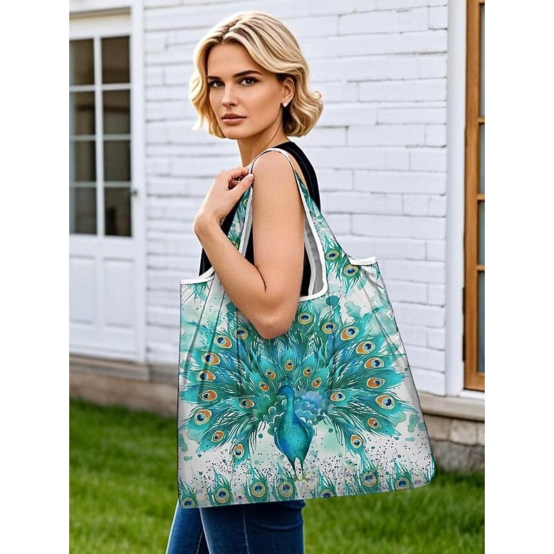 Women's Peacock Print Folding Tote Bag - Large Capacity Reusable Shopping Bag with Elegant Watercolor Design, Lightweight and Stylish, Great for Daily Use, Travel and Eco-friendly Shopping2