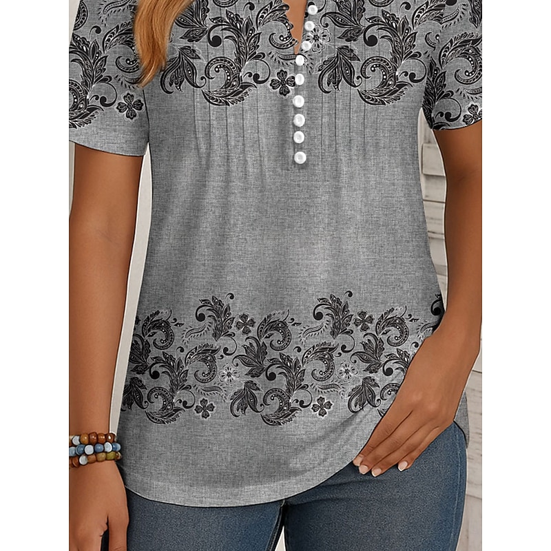 Women's T Shirt Floral Graphic Plants Vintage Stylish Classic Short Sleeve Round Neck Regular Tops Daily Weekend Beach Wear Smocked Buttons Print Red Purple Green Gray Summer Spring3