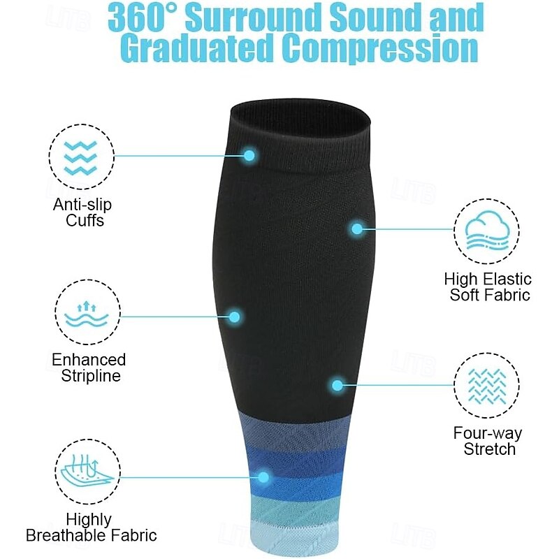 3 Pairs Calf Compression Socks for Men and Women, Gradient Blue Sports Leg Sleeves for Running, Hiking, Gym, Cycling, Football, Breathable Support4