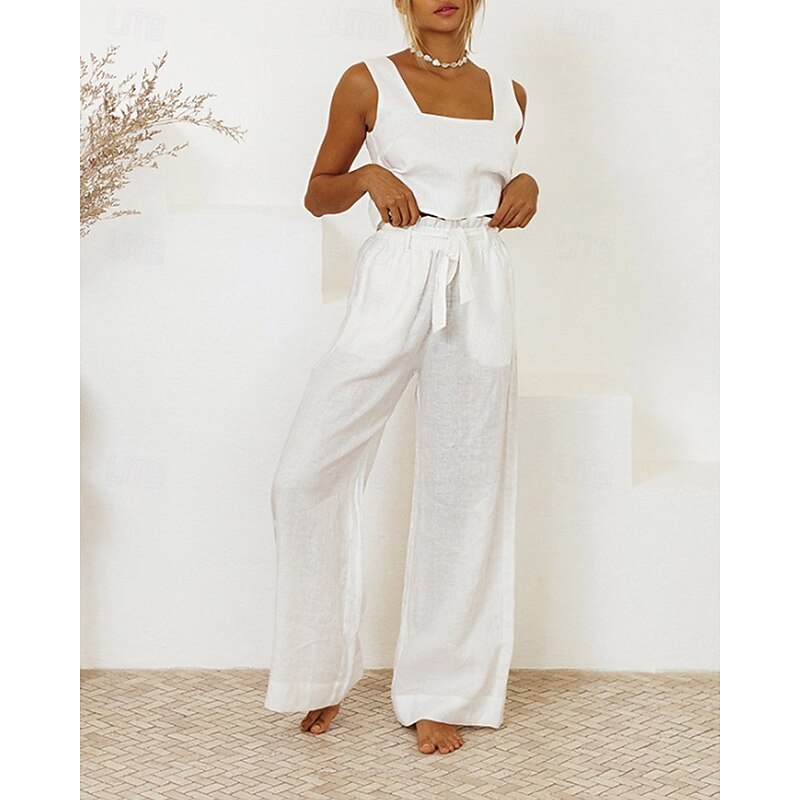 Women's Active Fashion Blouse Pants Sets Sleeveless U Neck Solid Color Drawstring Holiday Going out White Purple Khaki Summer Regular Fit4