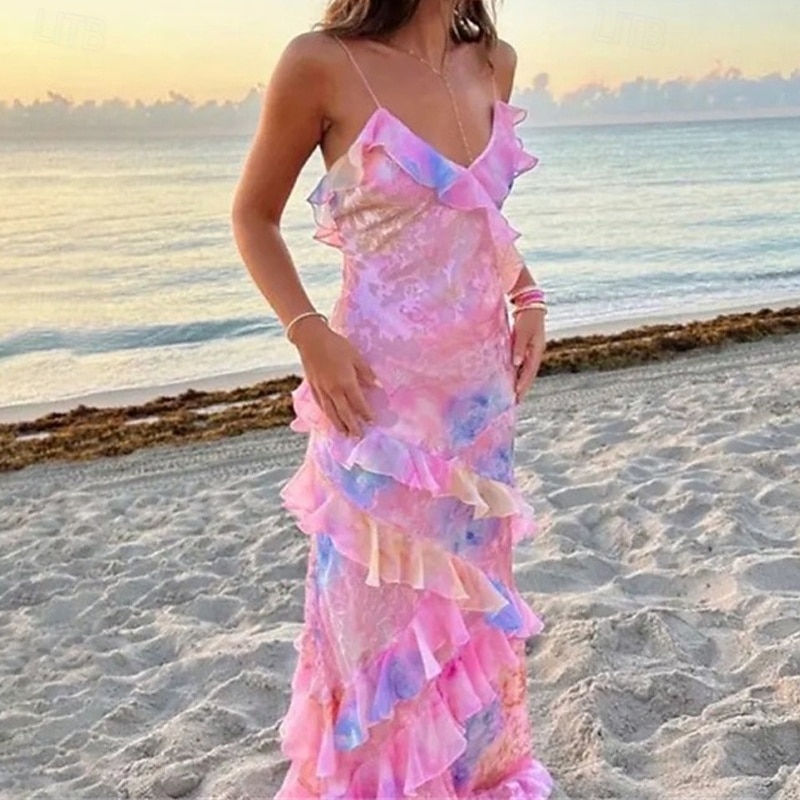 Women's Long Dress Maxi Dress Casual Dress Floral Dress Fashion Elegant Dress Outdoor Party Holiday Regular Fit Color Gradient Sleeveless V Neck Pink Summer