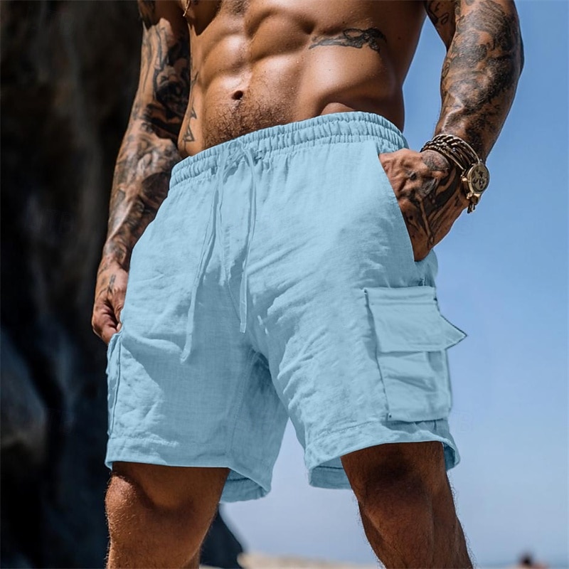 Men's Shorts Linen Shorts Summer Shorts Beach Shorts Drawstring Elastic Waist Multi Pocket Plain Knee Length Outdoor Holiday Beach Vacation Hawaiian Black White Inelastic