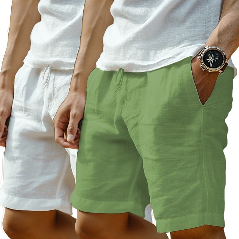2 Pack Men's Shorts Linen Shorts Summer Shorts Beach Shorts Pocket Drawstring Elastic Waist Solid Color Plain Comfort Breathable Knee Length Casual Daily Holiday Vacation Fashion Green+Gray Black+Grey2