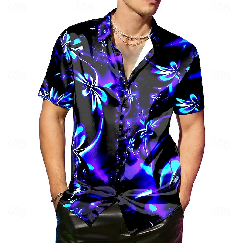 Men's Floral Print Neon Flowers Satin Shirt Dress Shirt Button Up Shirt Short Sleeve Fashion Casual Vacation Party Evening Wear Daily Summer Spring Turndown Collared Shirts Button Up 3D Print Purple