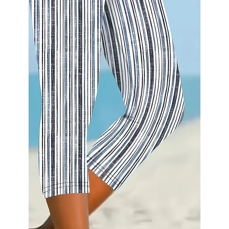 Women's Capri Pants Leggings Vacation Vintage Fashion Calf-Length High Waist Graphic Polka Dot Striped Printing Breathable Soft Stretchy Outdoor Vacation Street Black & White Grey White Blue Summer4