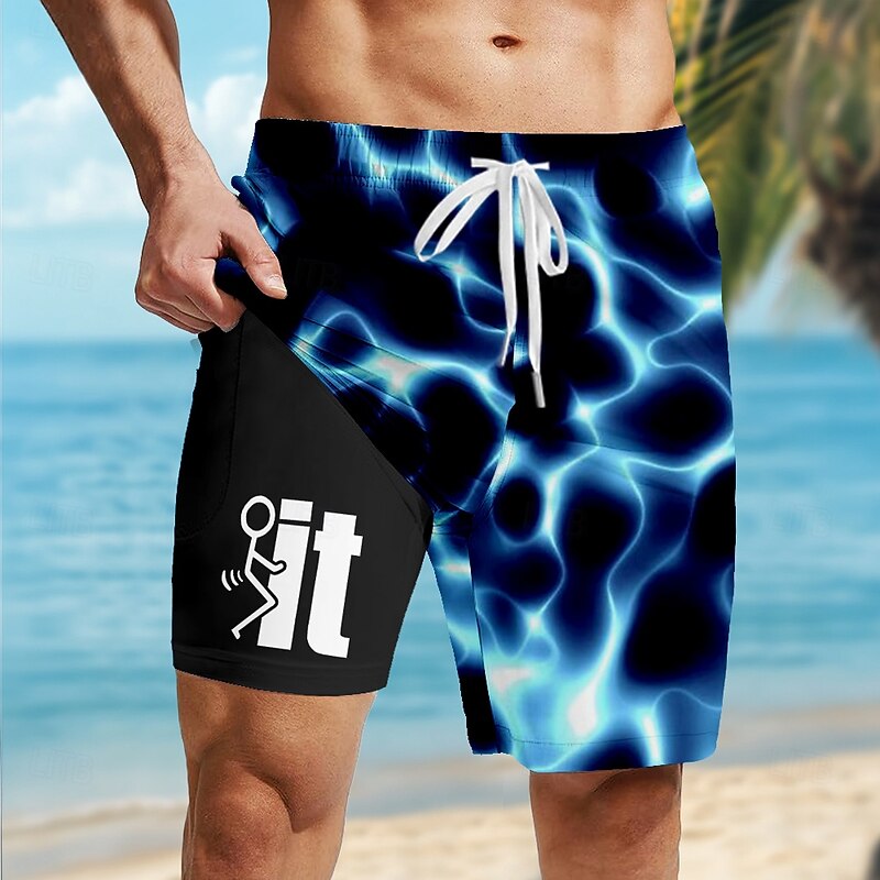 Men's Geometric Lines / Waves Neon Lined Shorts 2 in 1 Board Shorts Swim Shorts Mid Waist Hawaiian Holiday Side Pockets With Compression Liner Elastic Drawstring Waist Designer Clothing Apparel2