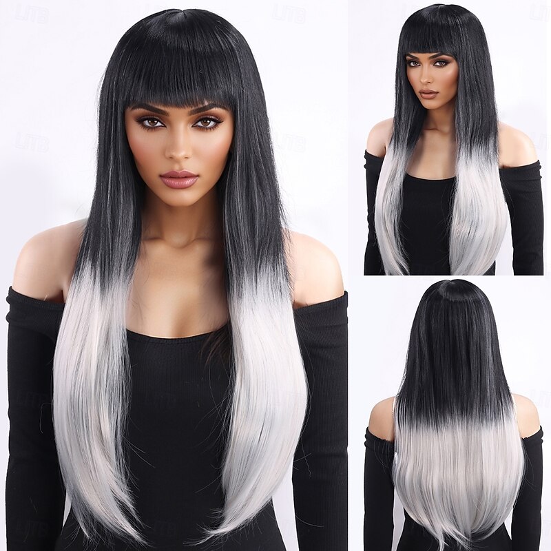 Synthetic Wig kinky Straight Natural Straight Layered Haircut With Bangs Machine Made Wig 28 inch A1 Synthetic Hair Women's Classic Comfortable Color Gradient Black White