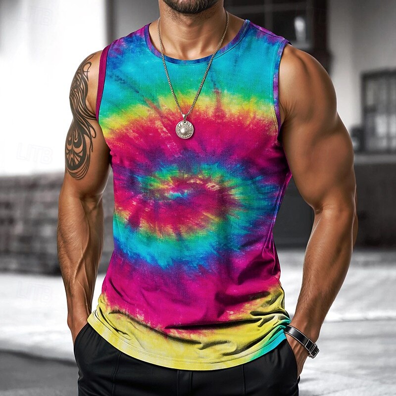 Men's Vest Top Undershirt Sleeveless Shirt Sleeveless Crewneck Spring & Summer Tie Dye Fashion Designer Vacation Street Going out Blue Purple Orange Top Tee for Men2