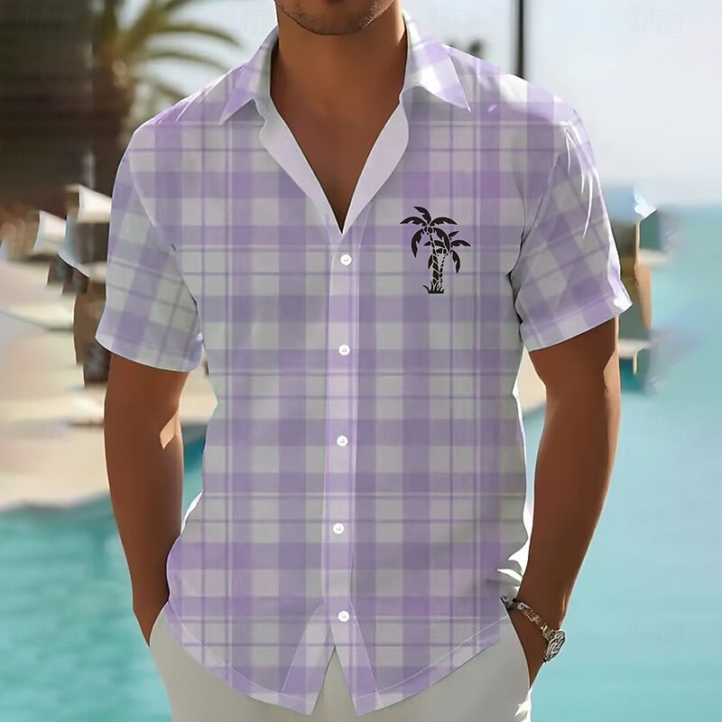 Men's Coconut Tree Plaid Checkered Tropical Plants Shirt Summer Hawaiian Shirt Button Up Shirt Short Sleeve Hawaiian Vacation Holiday Beach Wear Summer Spring Turndown 3D Print Collared Shirts Pink4
