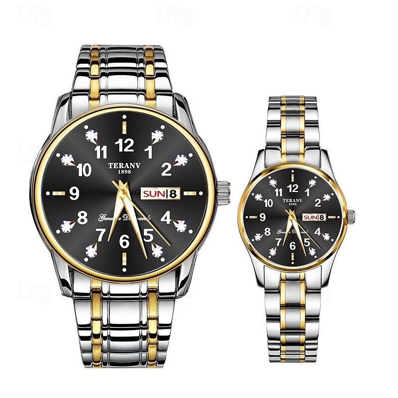 2-Piece Couple Quartz Watch Set – Round Digital Dial, IPX7 Waterproof, Luminous Hands, Dual Calendar (Date & Day), Alloy Band, Unisex Business Style, Ideal for Dating & Gifts4