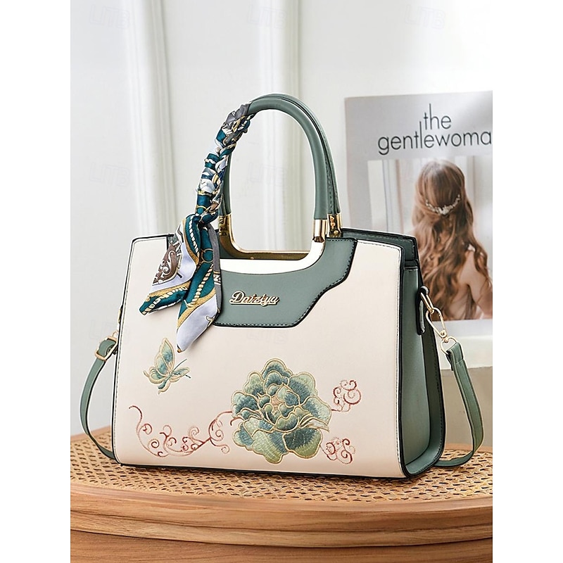 Women's Embroidered Faux Leather Handbag with Scarf Accent – Elegant Floral Top Handle and Shoulder Bag for Office, Weddings and Daily Outings4