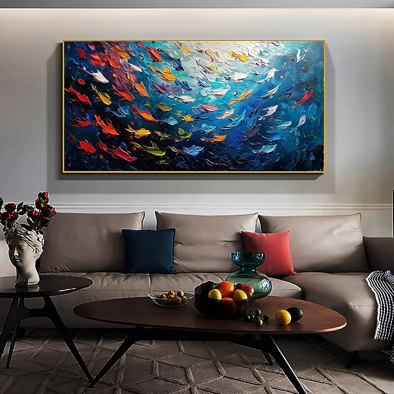 Handmade Original Colorful Fish Oil Painting On Canvas Abstract Fish School Wall Art for Home Decor With Stretched Frame Without Inner Frame Painting2