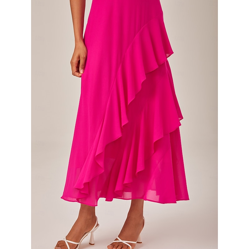 Women's Elegant Dress Rose Red Sleeveless Solid Color Ruffle Mismatched All Seasons Elegant Dress Wedding Party S M L3