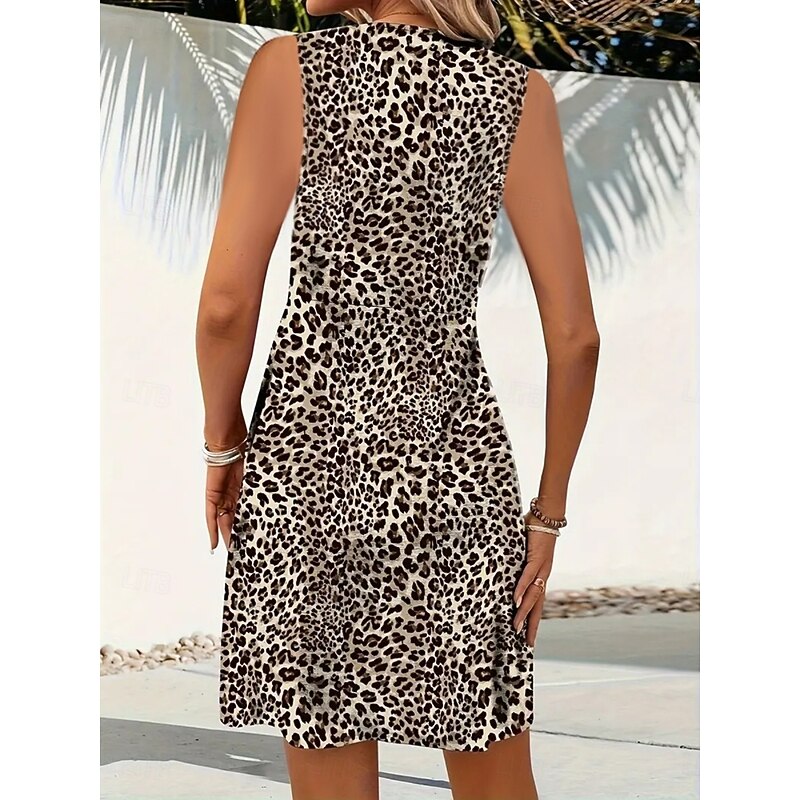 Women's Mini Dress A Line Dress Slip Dress Off The Shoulder Dress Casual Outdoor Going out Standard Fit Leopard Sleeveless V Neck Black Wine Blue Purple Summer2