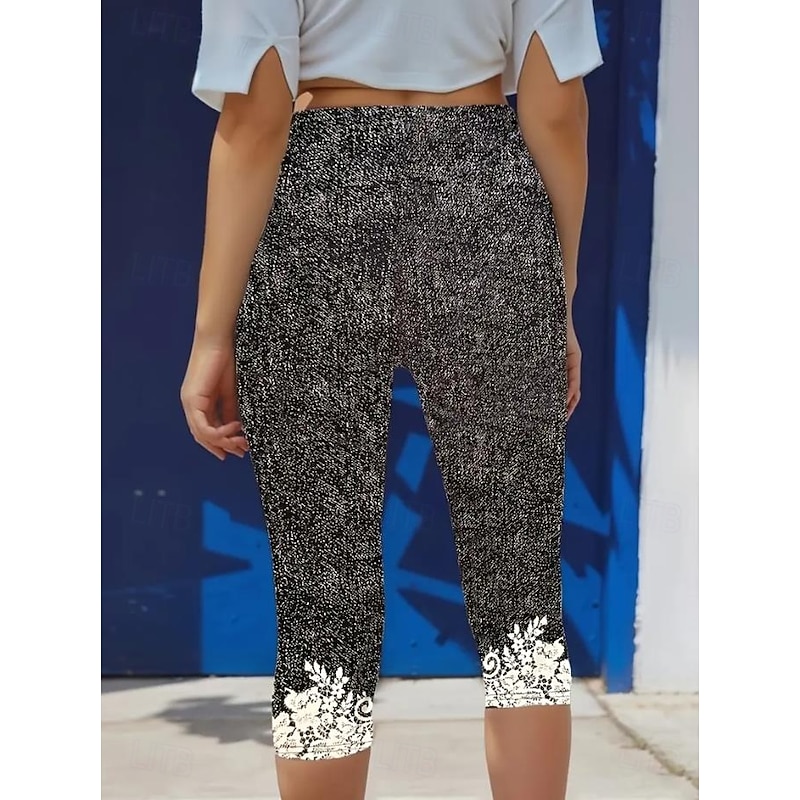 Women's Leggings Capri Pants High Elasticity Vacation Vintage Fashion Calf-Length Mid Waist Floral Graphic Printing Breathable Soft Stretchy Vacation Street Causal Robin's Egg Blue Black2