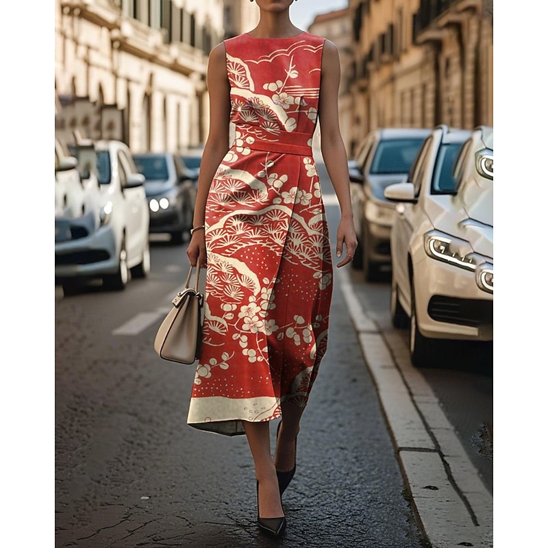 Women's Midi Dress Floral Dress Print Dress Elegant Fashion Vacation Holiday Going out Regular Fit Flower Sleeveless Crew Neck Wine Red Summer3