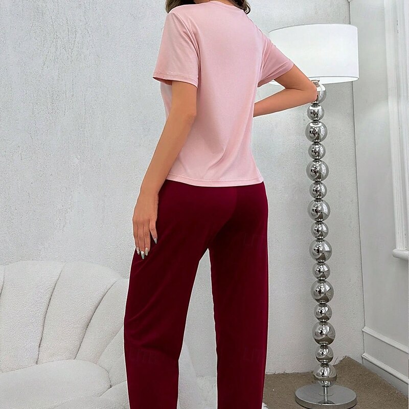 Women's Pajamas Loungewear Pajama Set Simple Casual Comfort Print Letter Tie Knot Pullover Pant Home Daily Short Sleeve Crew Neck Black Pink Blue Rose Red Summer Spring Fall Loose Fit3