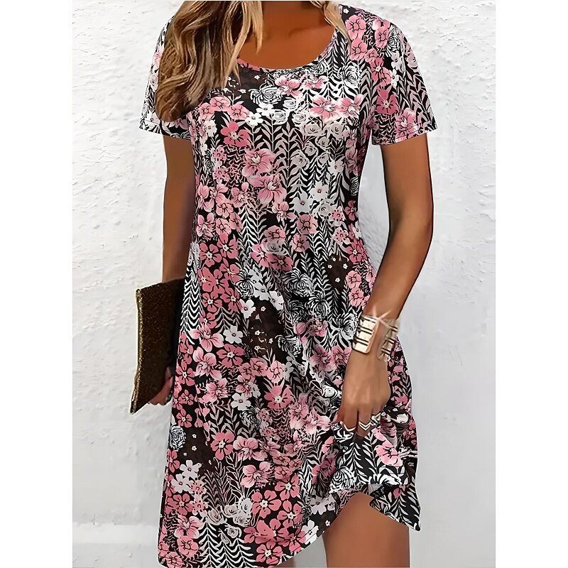 Women's Mini Dress T Shirt Dress Tee Dress A Line Dress Summer Dress Casual Holiday Beach Regular Fit Floral Graphic Short Sleeve Crew Neck Red Light Brown Blue Orange Summer Spring