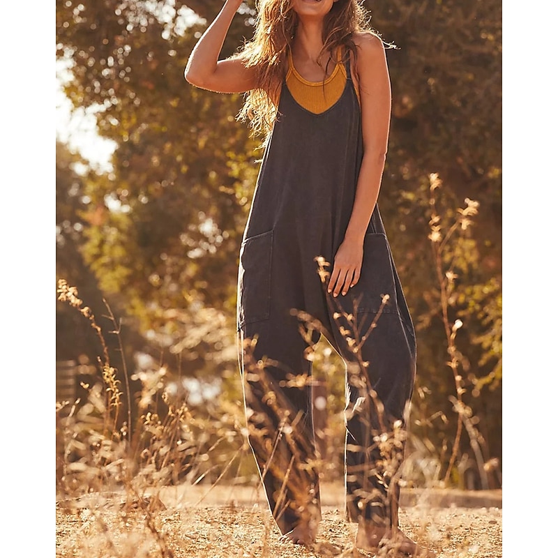 Women's Normal Jumpsuit Streetwear Solid Color Sleeveless V Neck Pocket Street Going out Regular Fit Black Army Green Khaki Summer