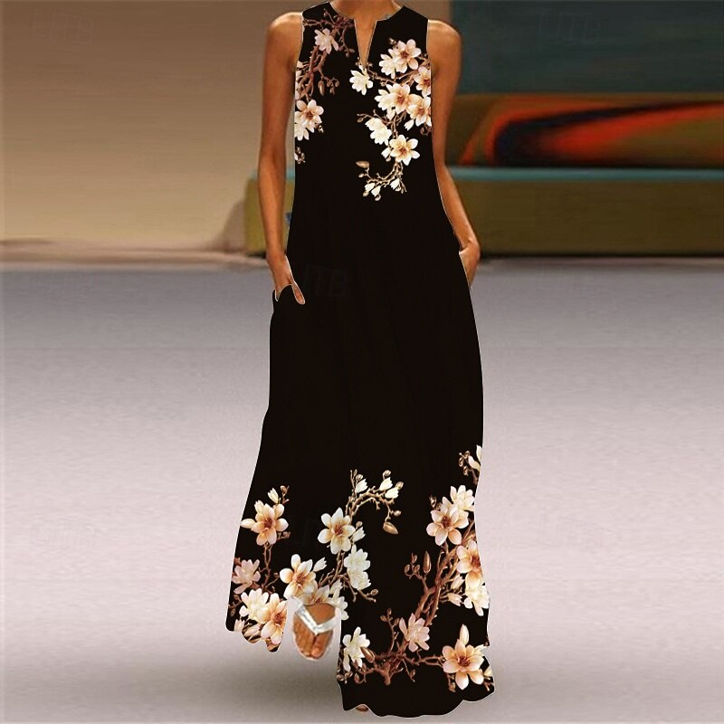 Women's Long Dress Maxi Dress Casual Dress Summer Dress Fashion Outdoor Party Holiday Regular Fit Flower Sleeveless V Neck Black White Pink Summer2