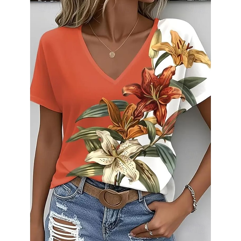 Women's Cotton Shirt Floral Graphic Vintage Stylish Classic Short Sleeve V Neck Regular Tops Daily Print White Purple Orange Summer Spring