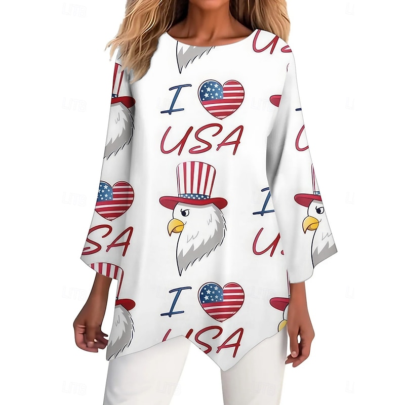 Women's Patriotic  Shirt Flag Stylish Casual 3/4 Length Sleeve Crew Neck Regular Tops Daily Print White Red Navy Blue Blue Summer Spring - Main Image