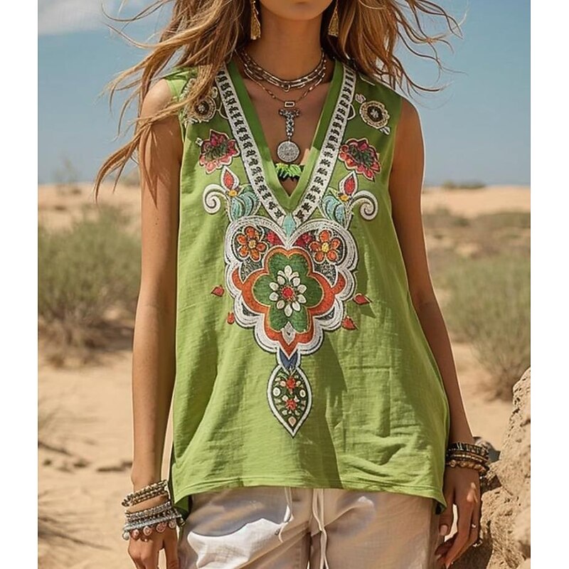 Women's Camisole Tank Top Floral Graphic Bohemia Vintage Daily Sleeveless V Neck Regular Tops Daily Holiday Going out Green Summer Spring