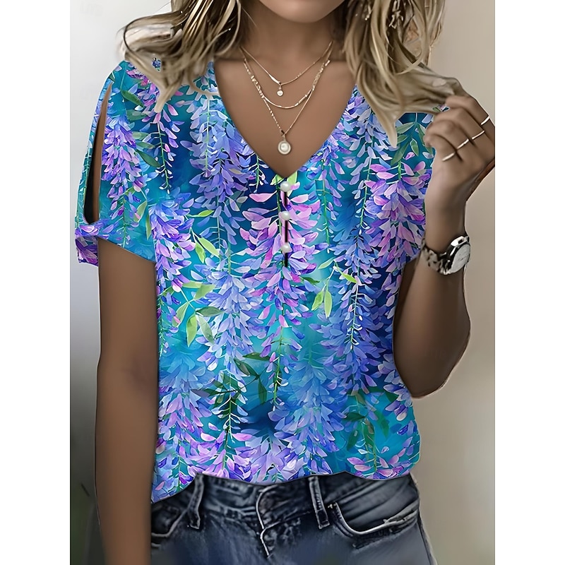 Women's T Shirt Floral Graphic Vintage Stylish Modern Short Sleeve V Neck Regular Tops Daily Going out Weekend Print Pink Navy Blue Blue Khaki Summer Spring4