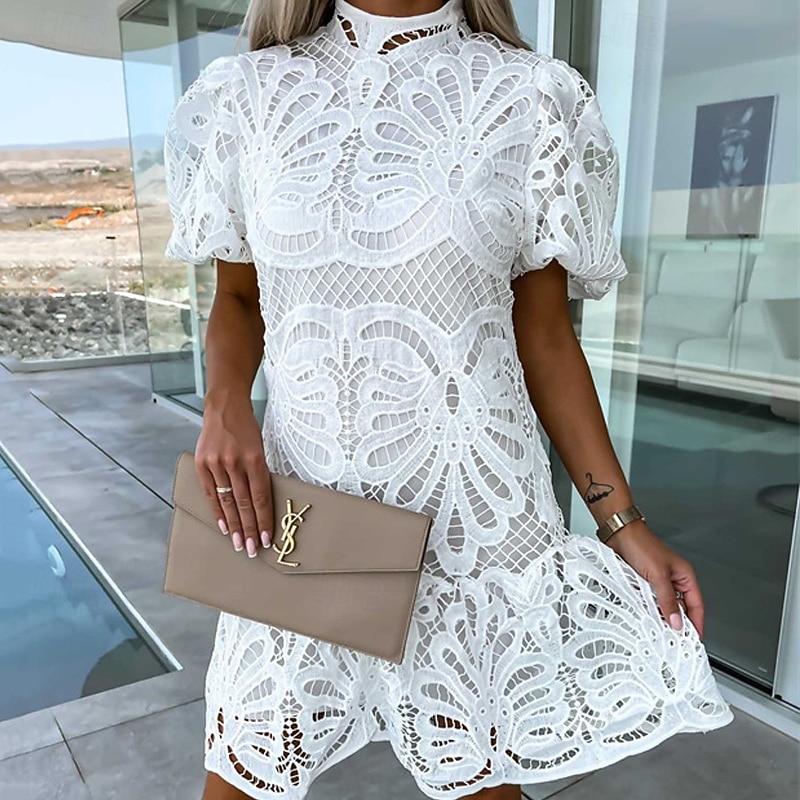 Women's Mini Dress Cotton Linen Dresses Casual Dress Fashion Outdoor Party Holiday Regular Fit Plain Short Sleeve Turtleneck White Purple Rose Red Summer4