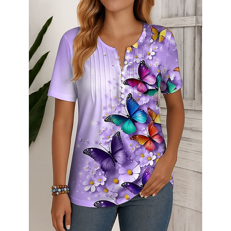 Women's T Shirt Ombre Floral Graphic Vintage Stylish Classic Short Sleeve Round Neck Regular Tops Daily Weekend Beach Wear Smocked Buttons Print Red Purple Green Summer Spring