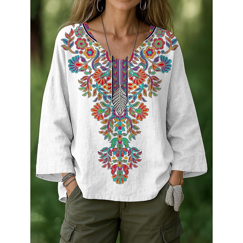 Women's Blouse Floral Graphic Geometric Bohemia Vintage Hawaiian Long Sleeve V Neck Regular Tops Ruched Print Black White Green Summer Spring4
