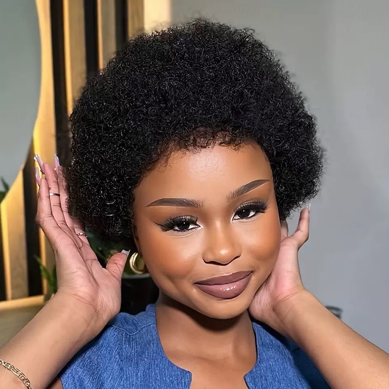 Short Kinky Curly Human Hair Wigs for Women Dark Brown Full Machine Made Wig Human Hair Glueless Black Color Full and Fluffy