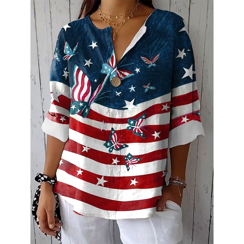 Women's Patriotic  Shirt Graphic Flag Vintage Stylish Casual 3/4 Length Sleeve V Neck Regular Tops Daily White Red Blue Summer Spring2