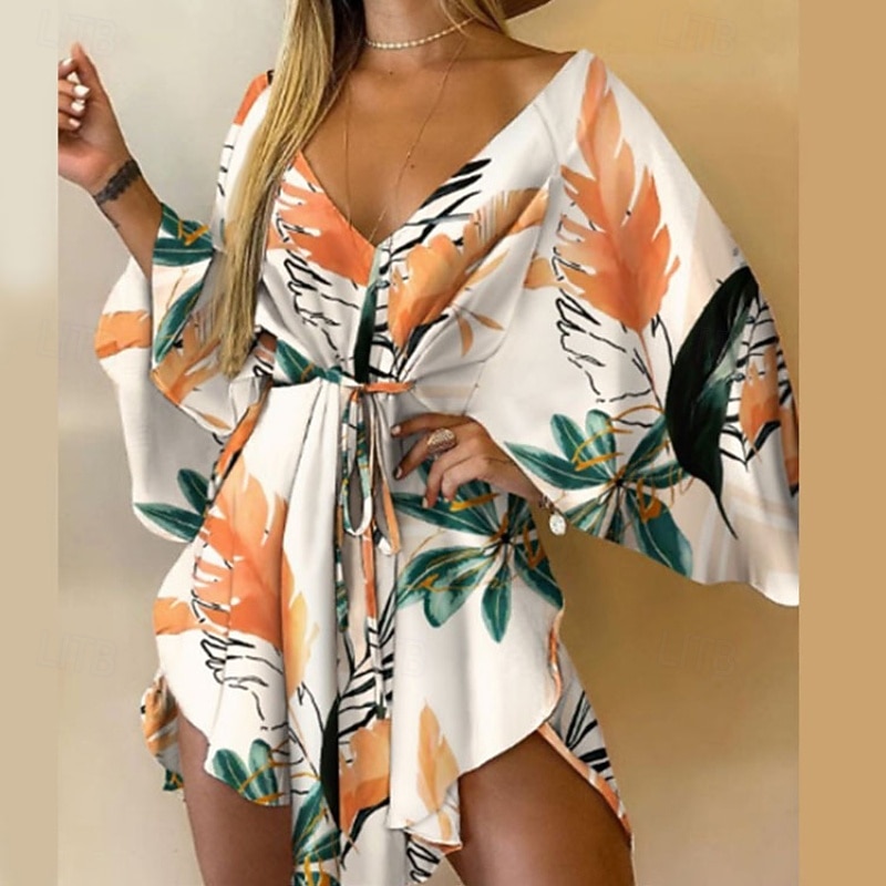 Women's Mini Dress Floral Dress Print Dress Fashion Modern Outdoor Vacation Holiday Regular Fit Flower Long Sleeve V Neck Black And White Yellow Light Green Pink Summer4
