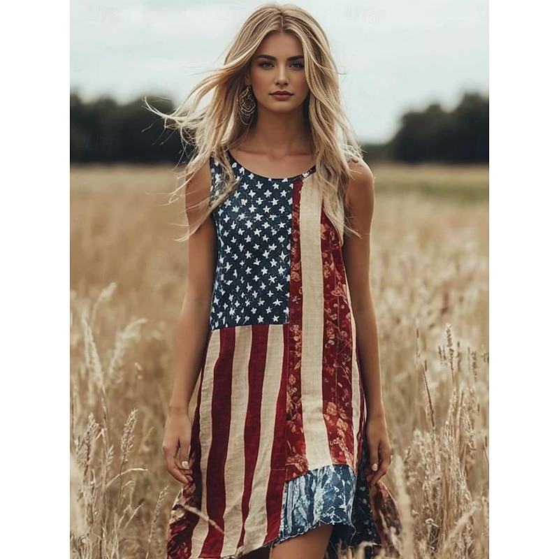 Women's Patriotic  Mini Dress Sundress A Line Dress Off The Shoulder Dress Vacation Casual Boho Party Loose Fit Graphic Flag Geometric Sleeveless U Neck Red Summer2